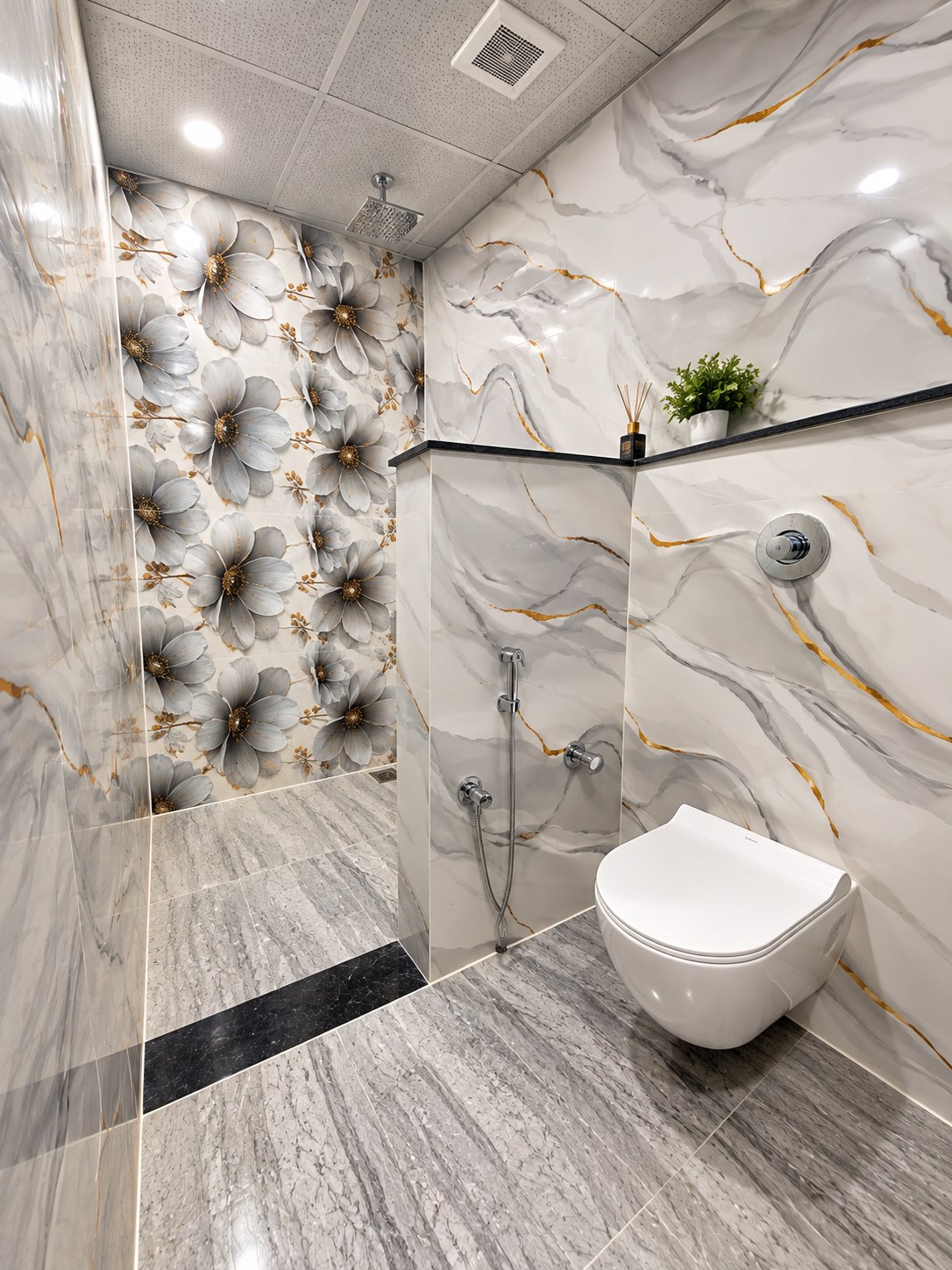 Marble-finished en-suite bathroom with floral wall tiles