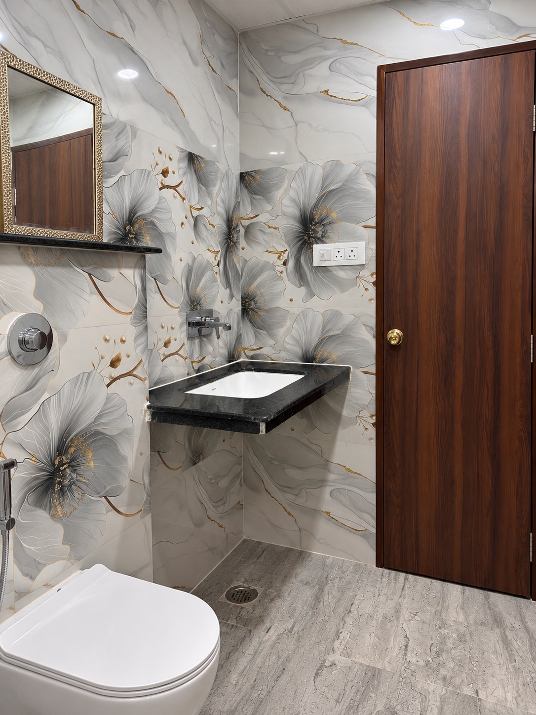 Modern washroom with rain shower and marble finish
