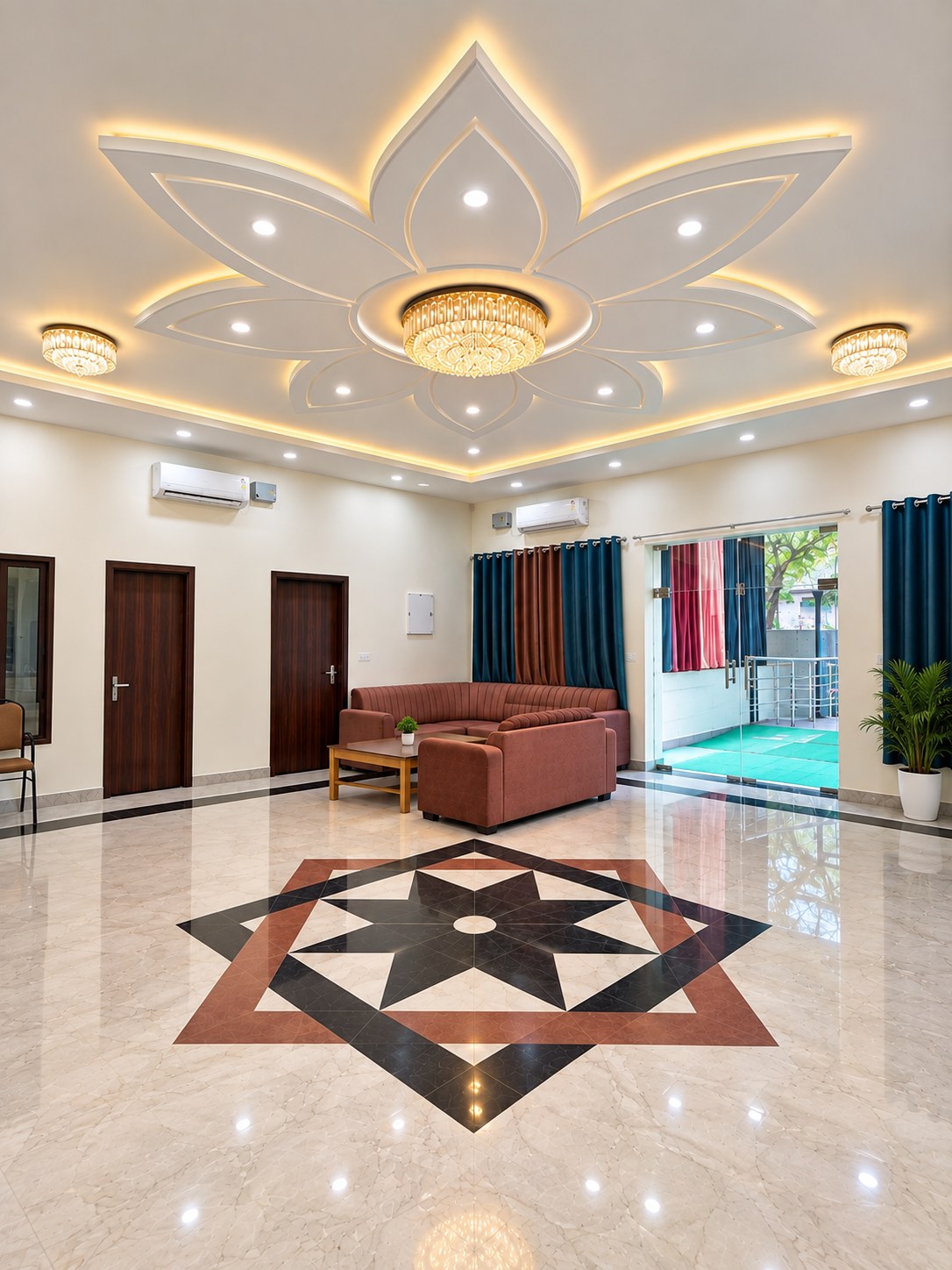Elegant indoor lounge with lotus-motif ceiling and chandelier lighting