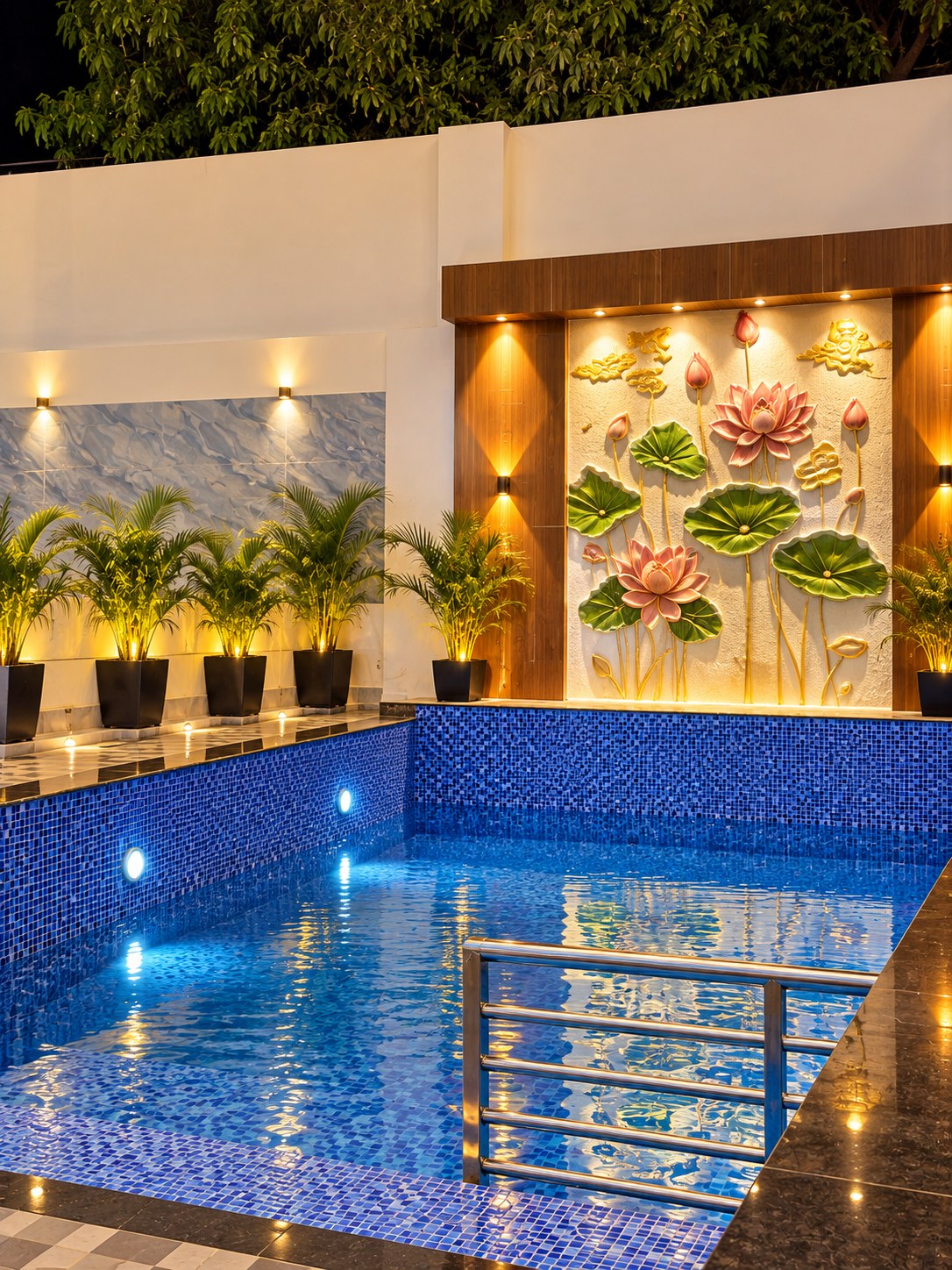Tiled swimming pool illuminated in the evening