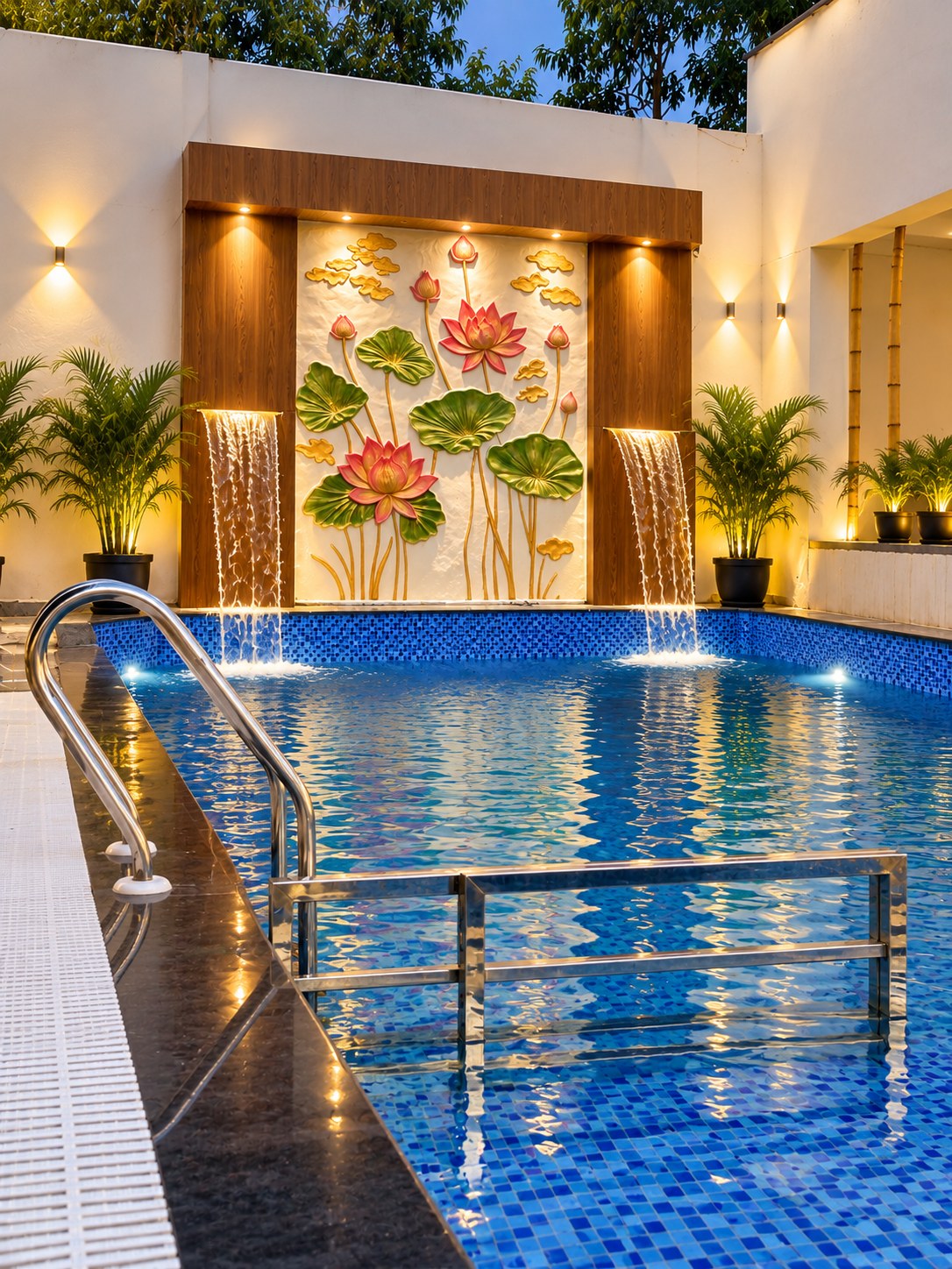 Close-up of the pool's water feature against the lotus mural